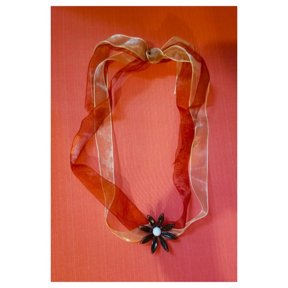 VTG Boho Groovy Painted Enamel Flower Pin Sparkly Ribbon Necklace/Belt diy ooak
